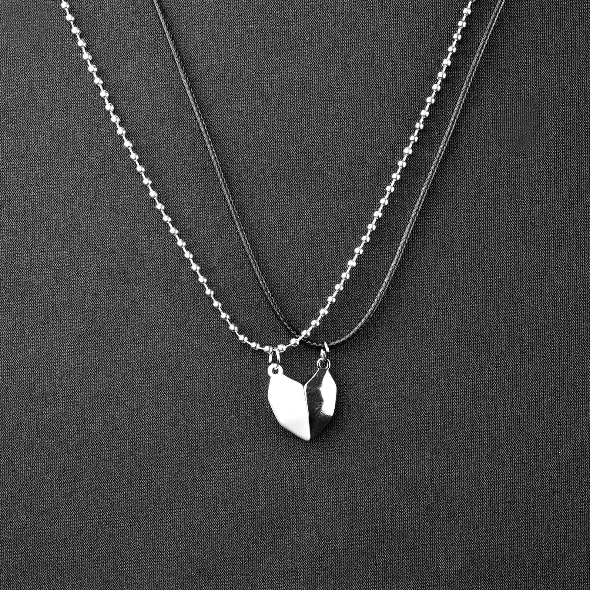 Magnetic Heart Couple pendant with Silver bead chain & Black rope