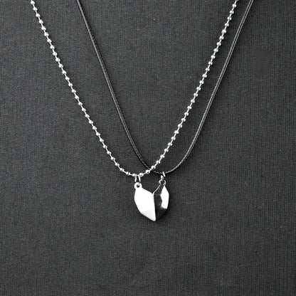 Magnetic Heart Couple pendant with Silver bead chain & Black rope