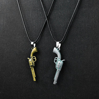 Pair of Golden, Silver revolver pendant with Black Rope -316L