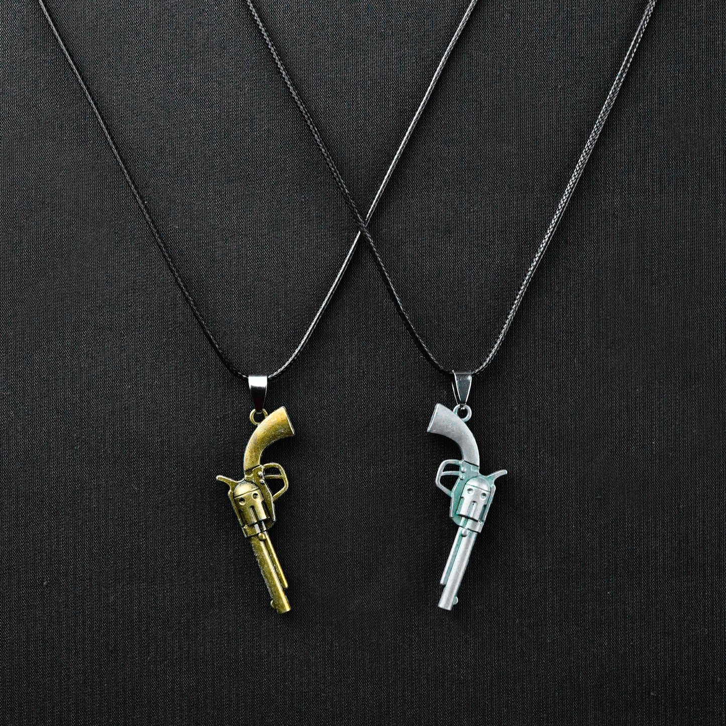 Pair of Golden, Silver revolver pendant with Black Rope -316L