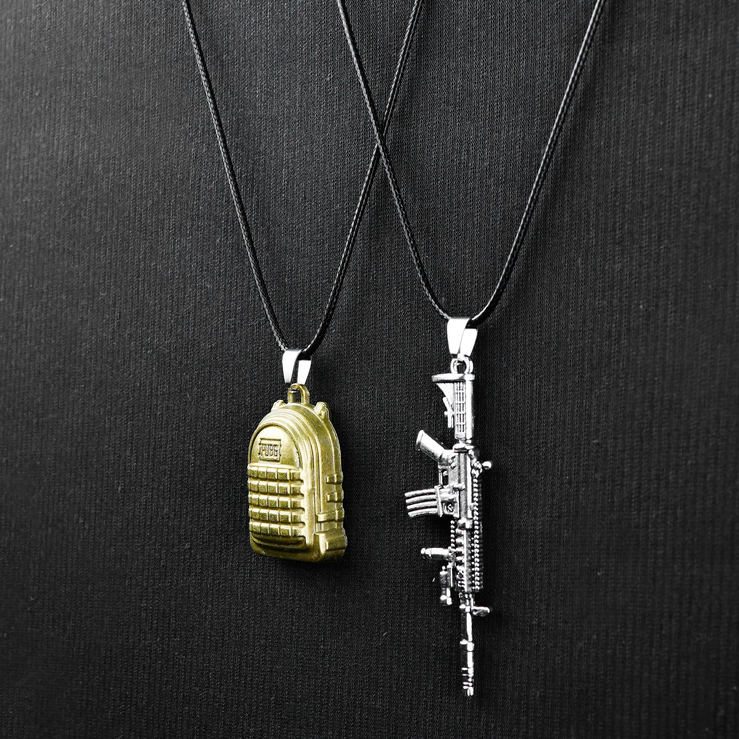 Pair of Silver Rifle & Gold PUBG Bag pendant with Black rope -316L