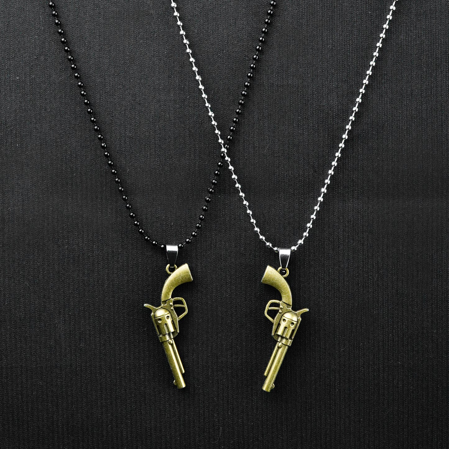 Pair of Golden revolver pendant with Black & silver Bead chain -316L