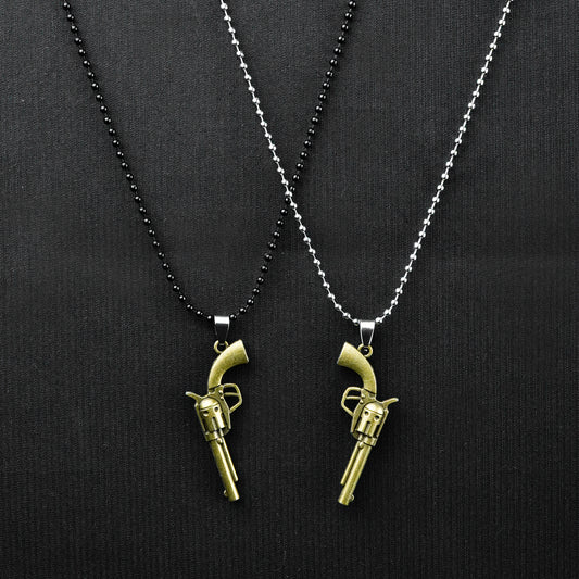 Pair of Golden revolver pendant with Black & silver Bead chain -316L