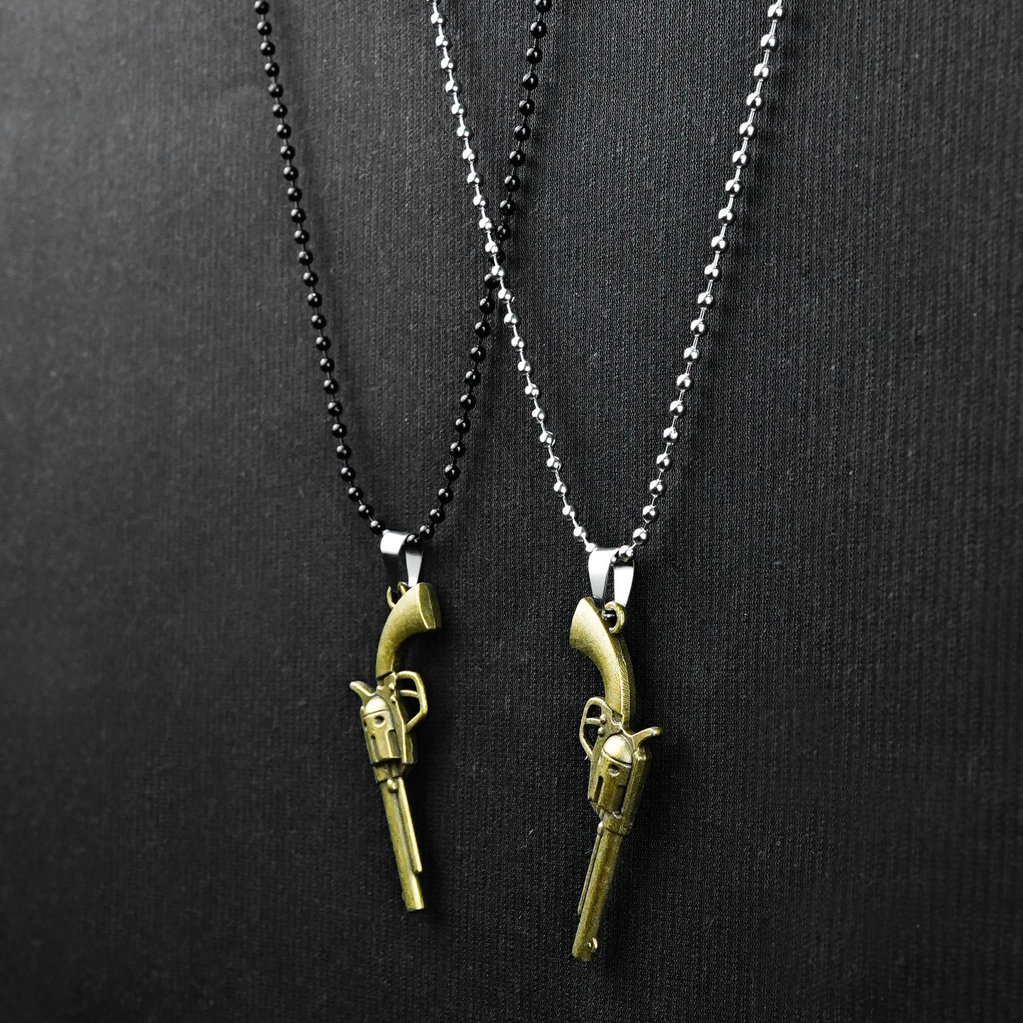 Pair of Golden revolver pendant with Black & silver Bead chain -316L