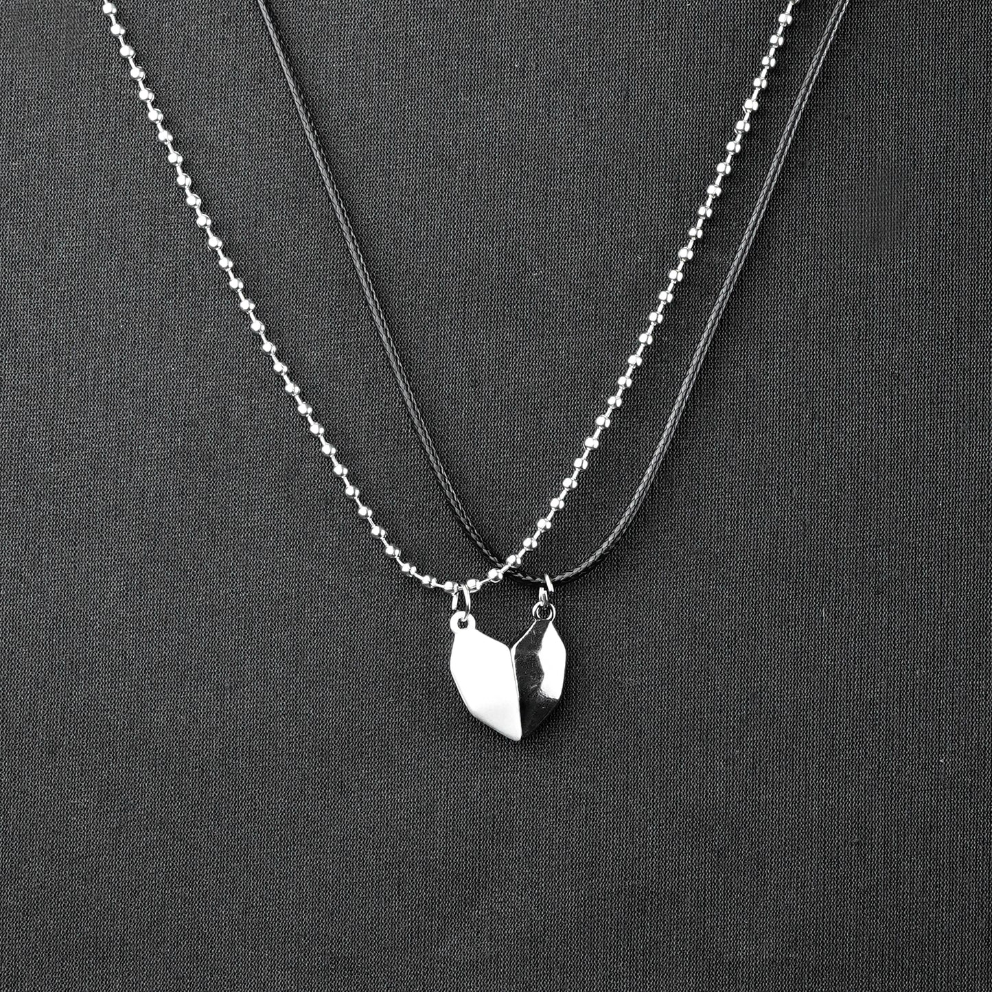 Magnetic Heart Couple pendant with Silver bead chain & Black rope -316L