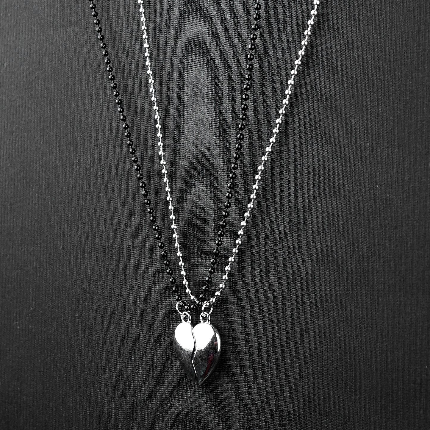 Magnetic Broken Heart Couple pendant with Silver & Black bead chain -316L