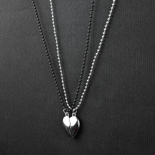 Magnetic Broken Heart Couple pendant with Silver & Black bead chain -316L