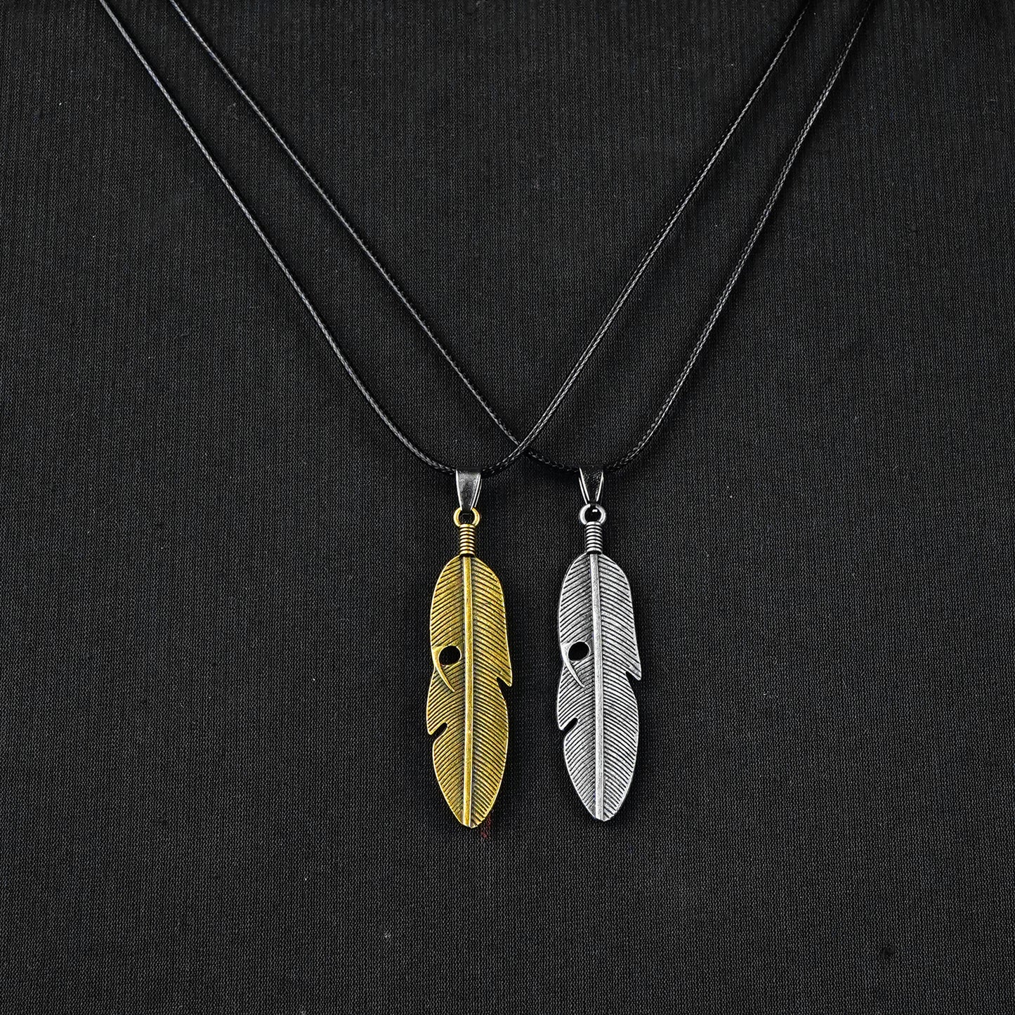 Pair of Golden & Silver Feather pendant with Black rope -316L