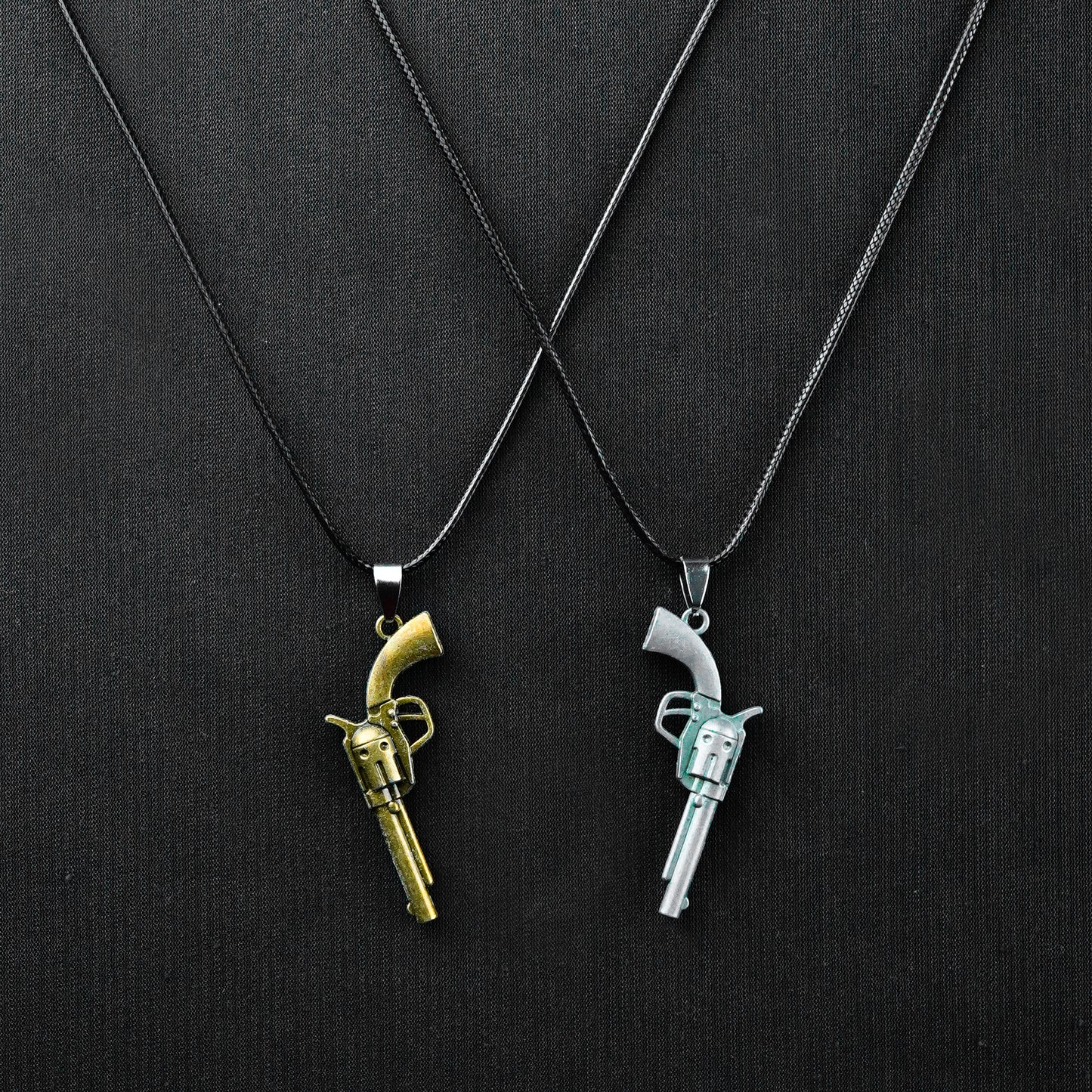 Pair of Golden Revolver Pendant with Black & Silver Bead Chain
