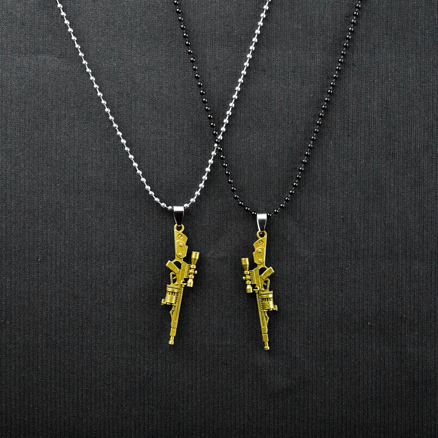 Pair of Golden Rifle pendant with Black & Silver Bead Chain