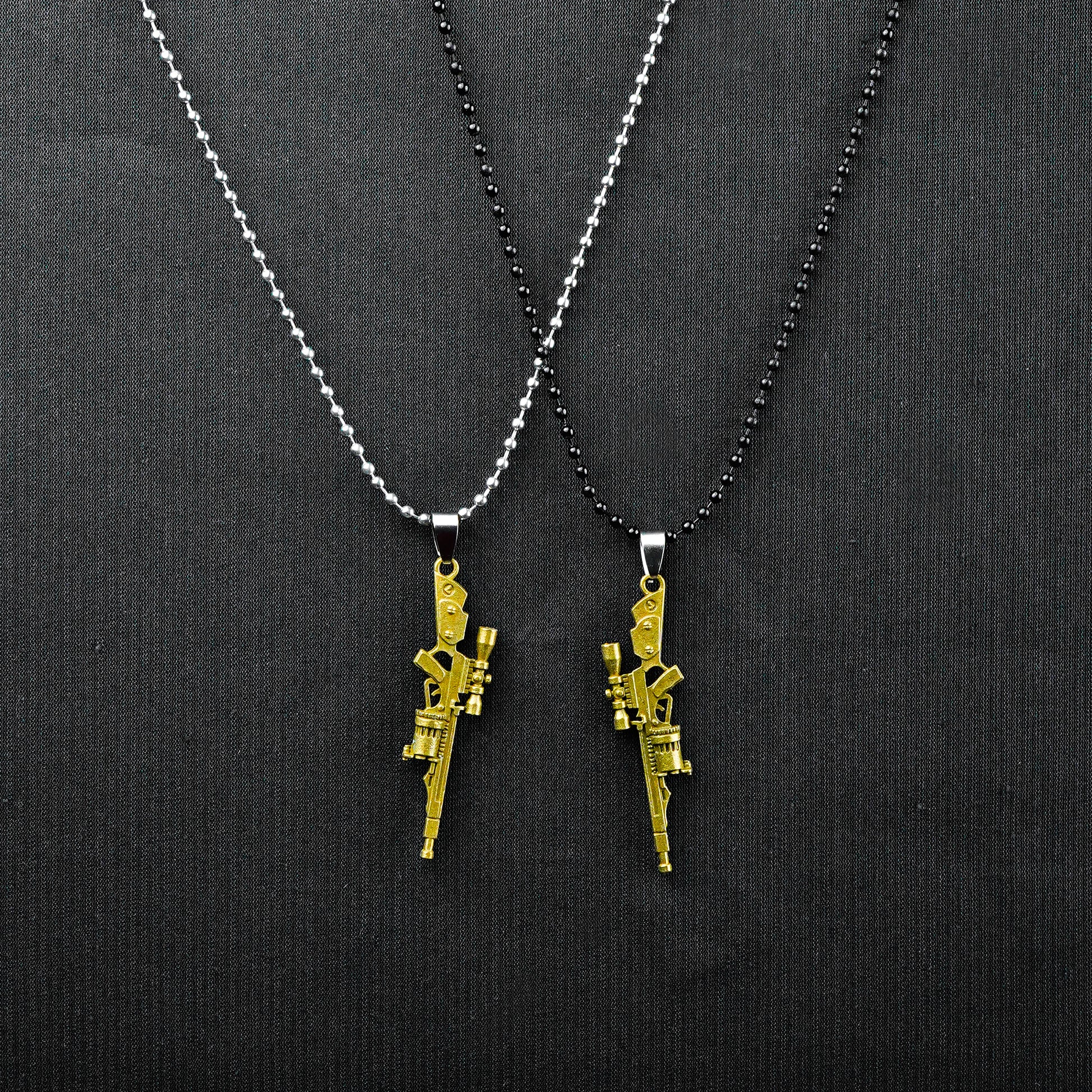 Pair of Golden Rifle pendant with Black & Silver Bead Chain