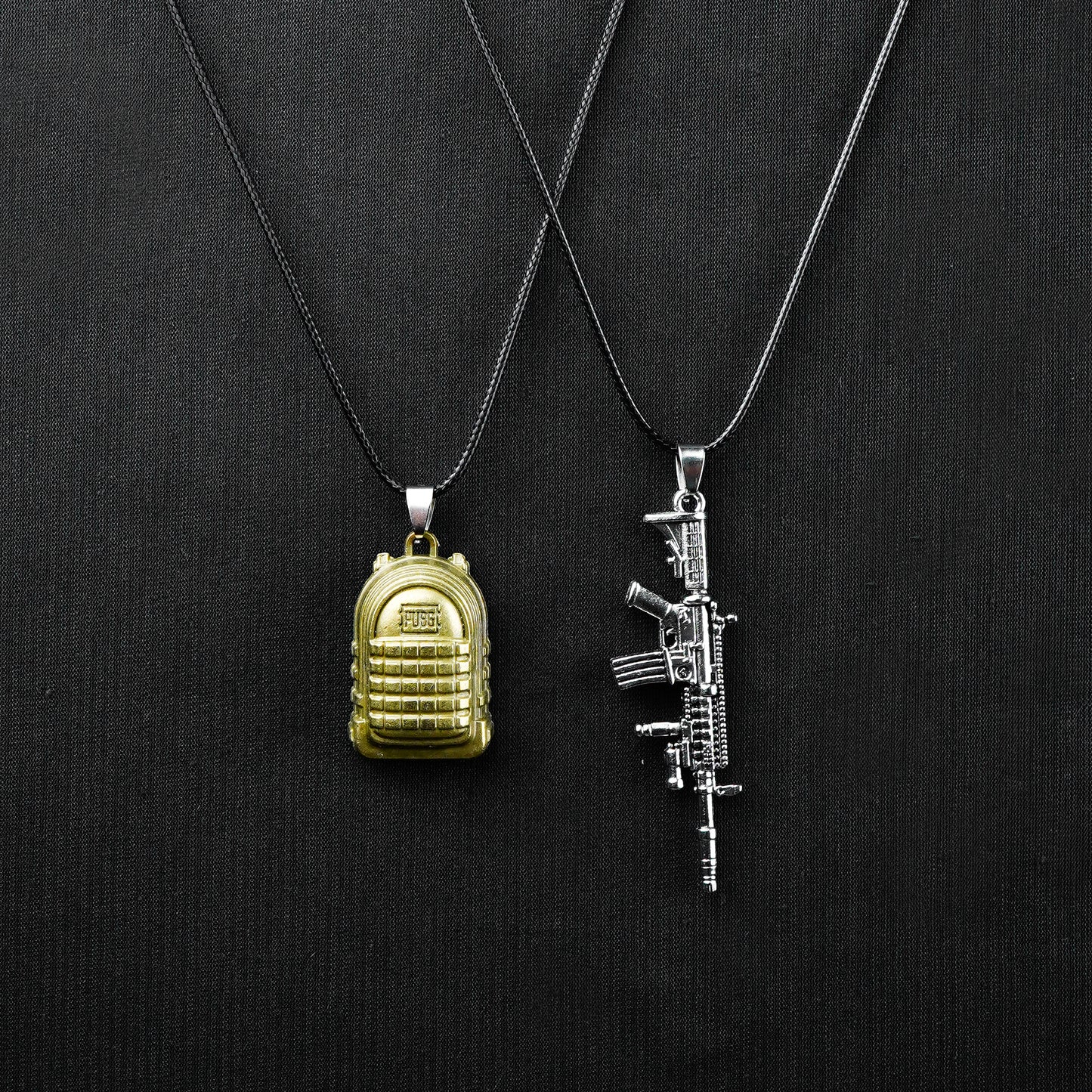 Pair of Silver Rifle & Gold PUBG Bag pendant with Black rope