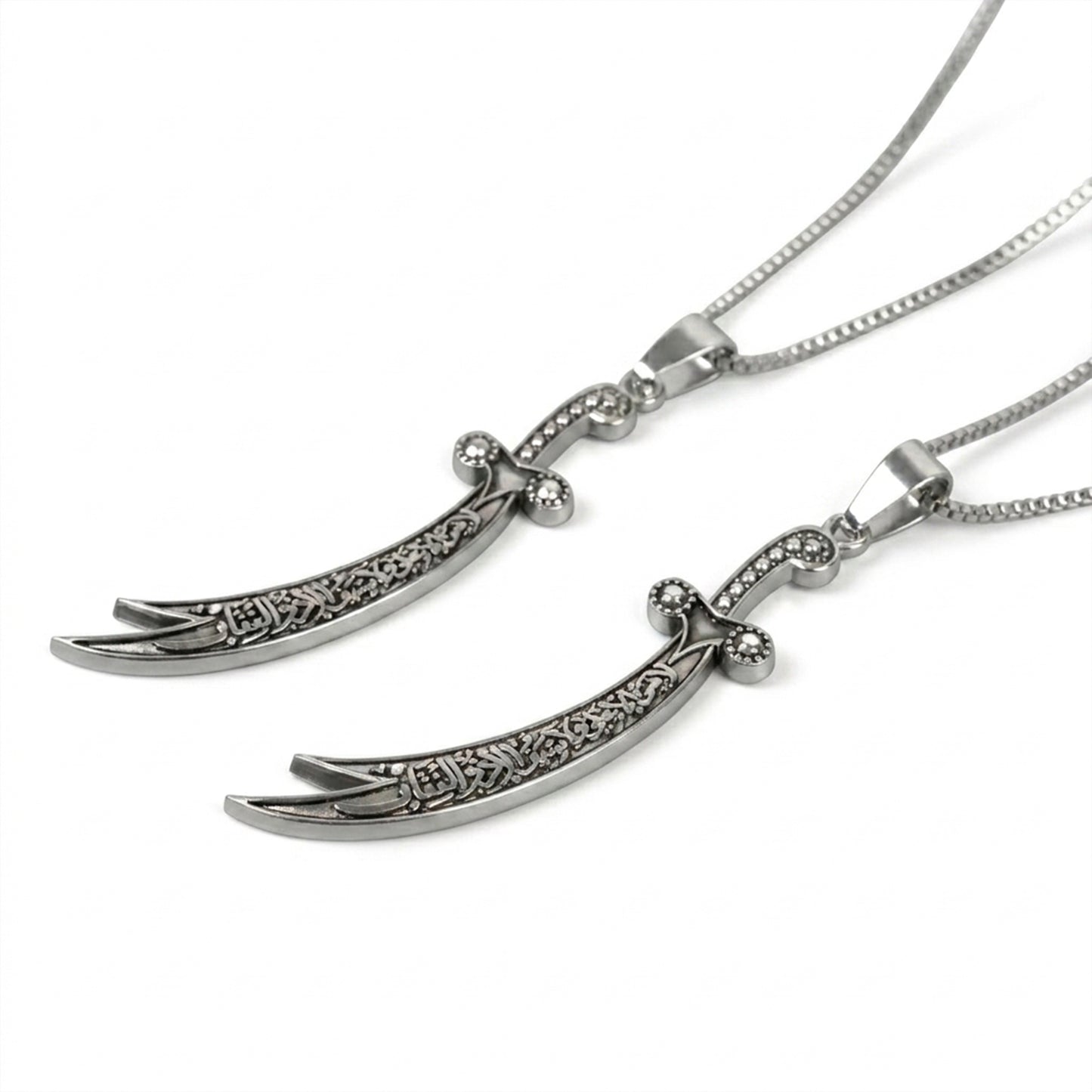 Pair of Silver Zulfiqar Sword Necklaces with Square Box Chain