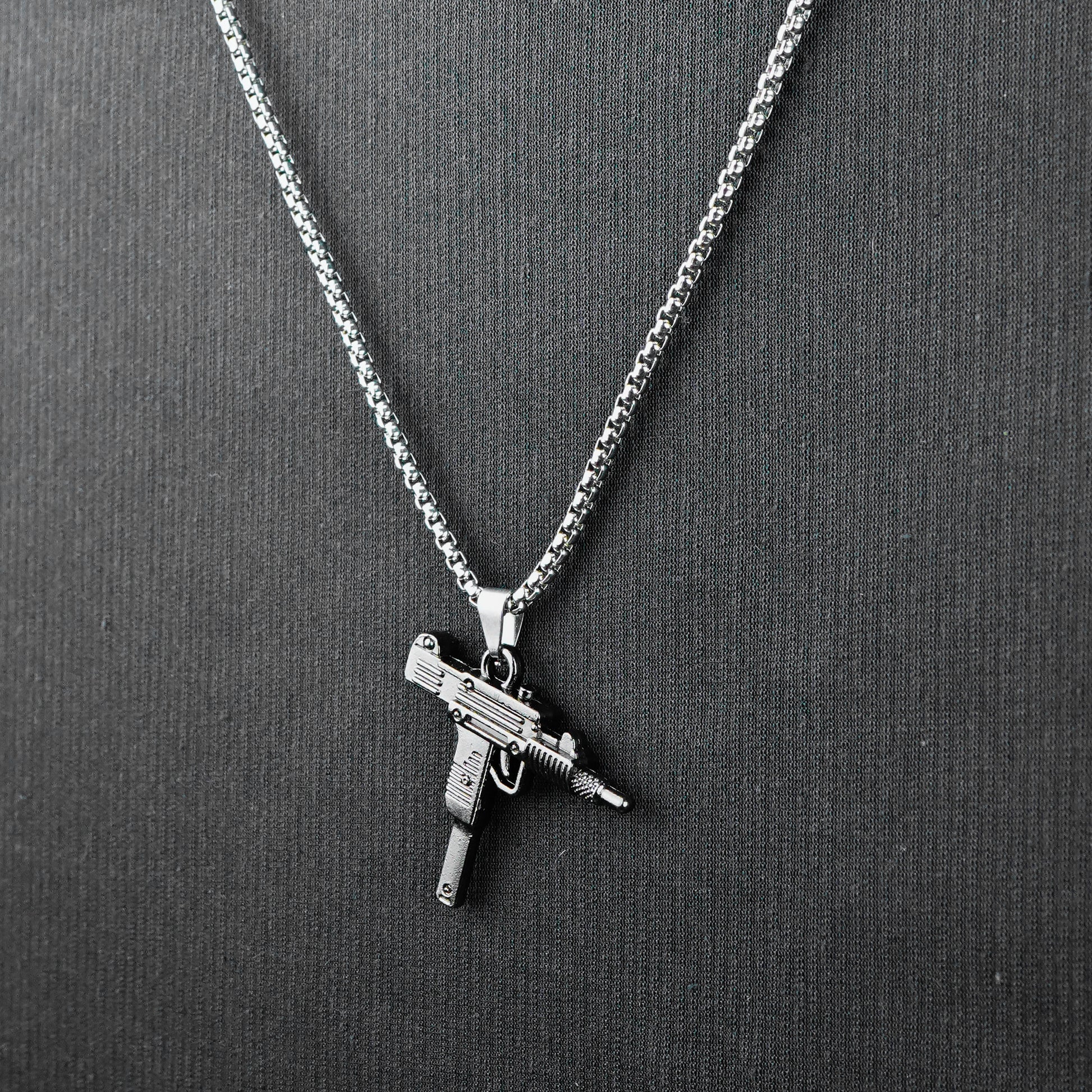 Silver Uzi Gun Pendant with Golden Roundcut Chain
