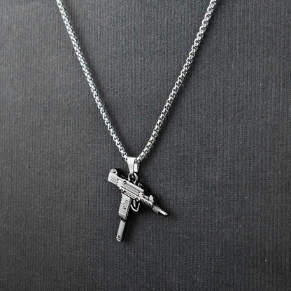 Silver Uzi Gun Pendant with Golden Roundcut Chain
