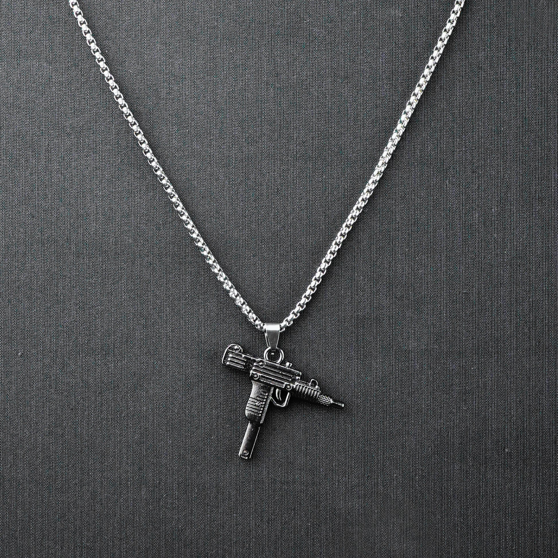 Silver Uzi Gun Pendant with Golden Roundcut Chain -316L