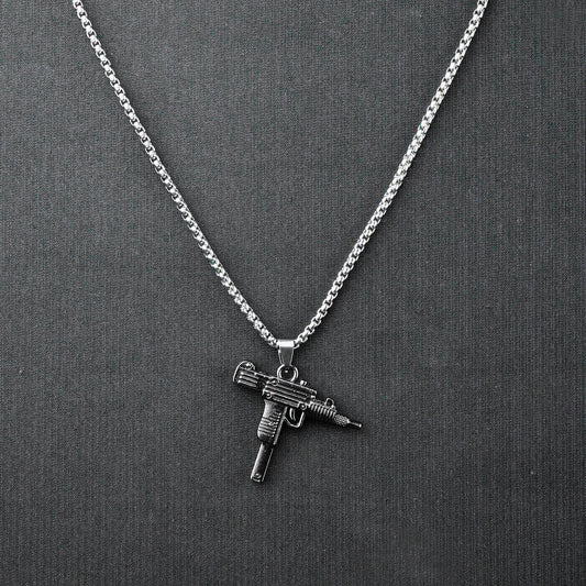 Silver Uzi Gun Pendant with Golden Roundcut Chain -316L