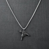 Silver Uzi Gun Pendant with Golden Roundcut Chain -316L