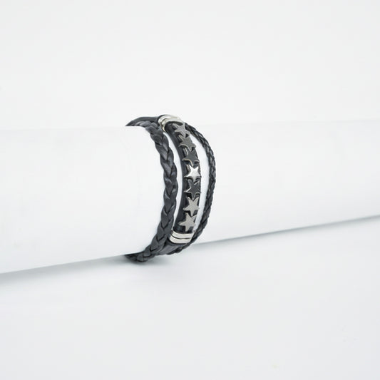 Silver Star Triple Layer Leather Strap Bracelet